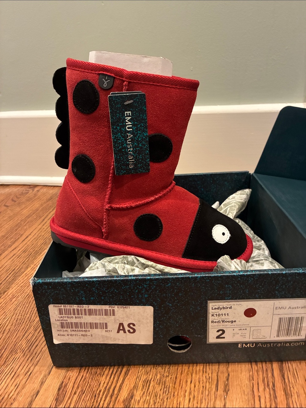 Emu Kids Red and Black Ladybird Boot